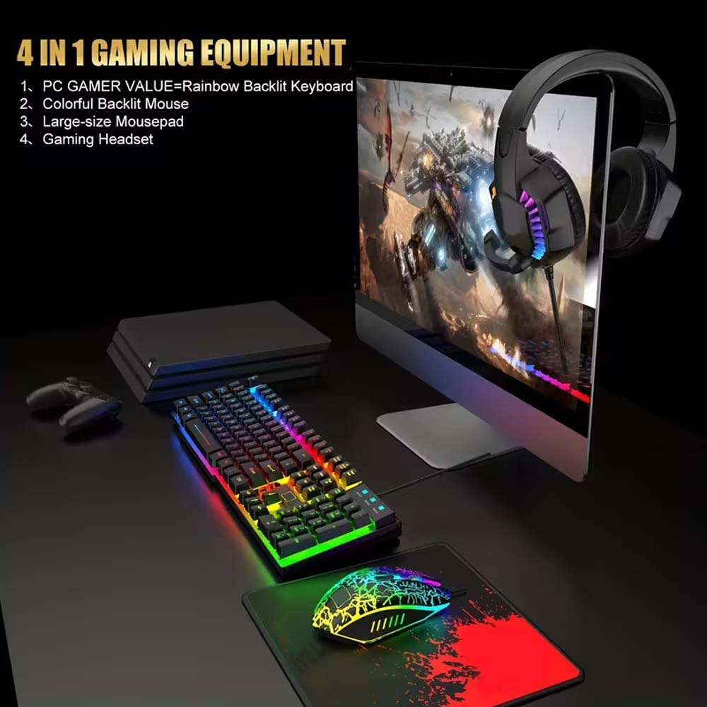 4-in-1 Gaming Combo: Wired Keyboard, Mouse, Headset & Mouse Pad. Rainbow LED backlit for PC, PS4, Xbox. Complete gaming setup.
